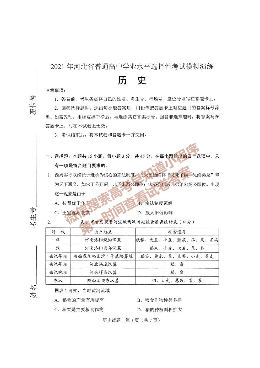 2021年河北新高考適應(yīng)性考試高三歷史試卷及答案出爐(考后首發(fā))