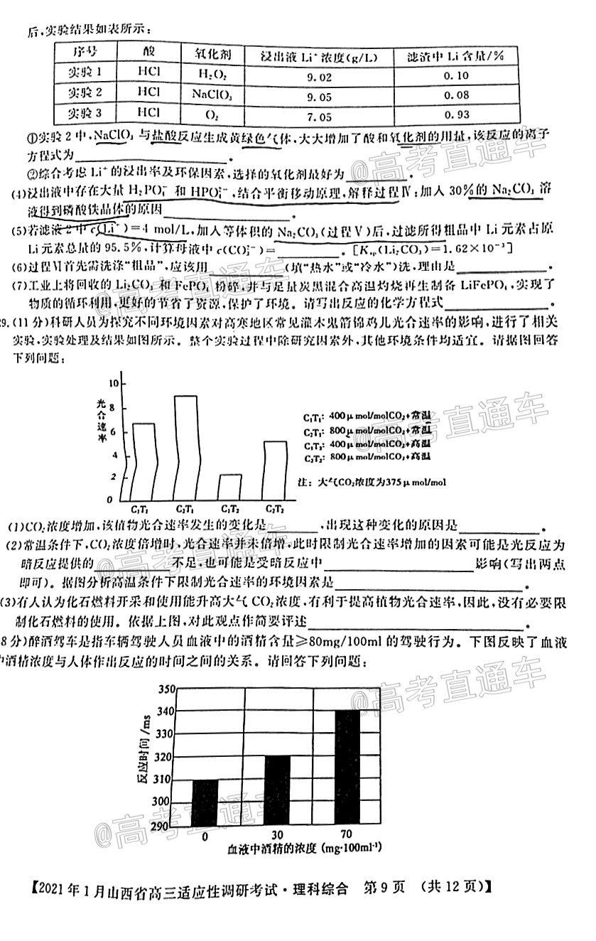 2021山西高三適應(yīng)性調(diào)研考試?yán)砭C試題及參考答案