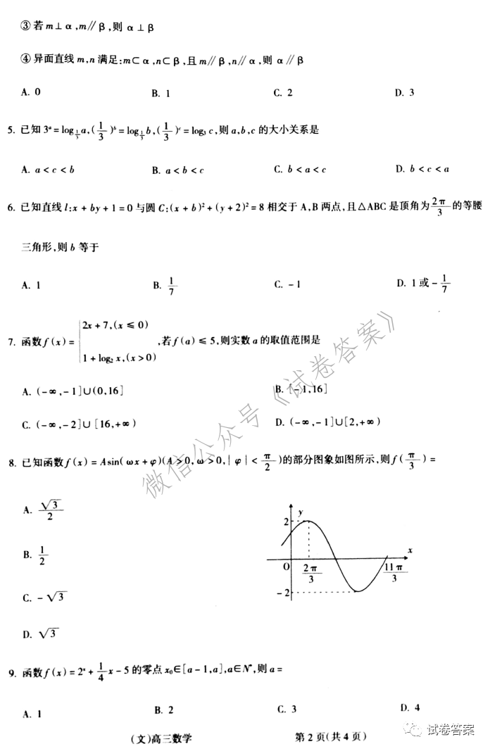 2020-2021呂梁一模文數(shù)試題及參考答案