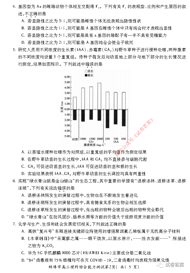 2021蚌埠高三第二次教學(xué)質(zhì)量檢查理綜試題及參考答案