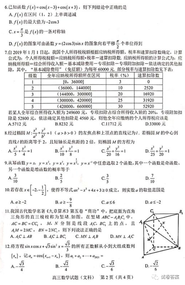 2021年合肥一模文數(shù)試題及參考答案