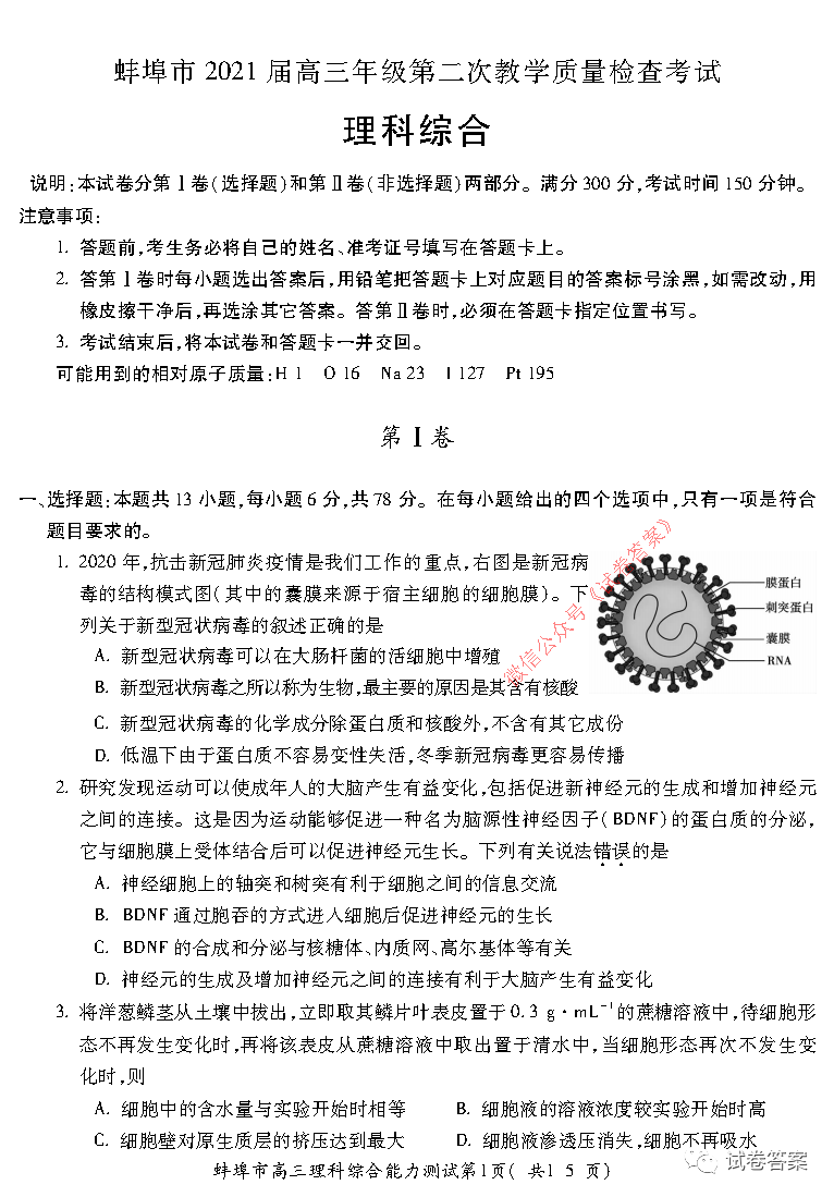 2021蚌埠高三第二次教學質(zhì)量檢查理綜試題及參考答案