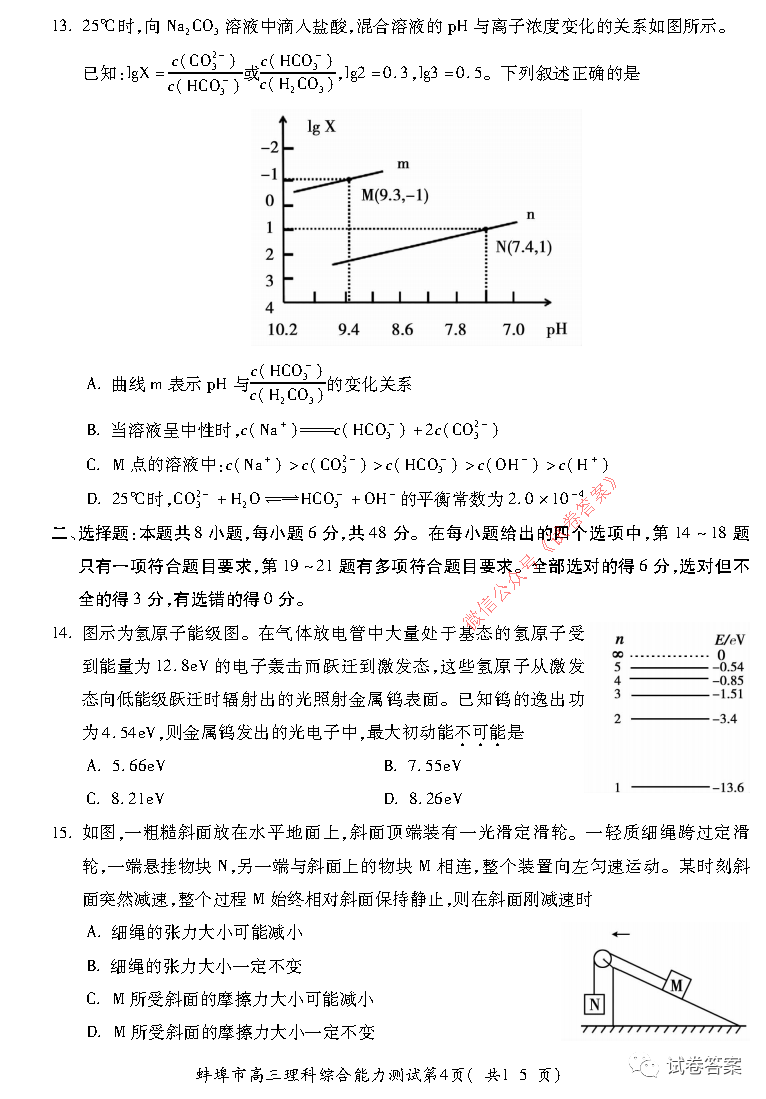 2021蚌埠高三第二次教學質(zhì)量檢查理綜試題及參考答案