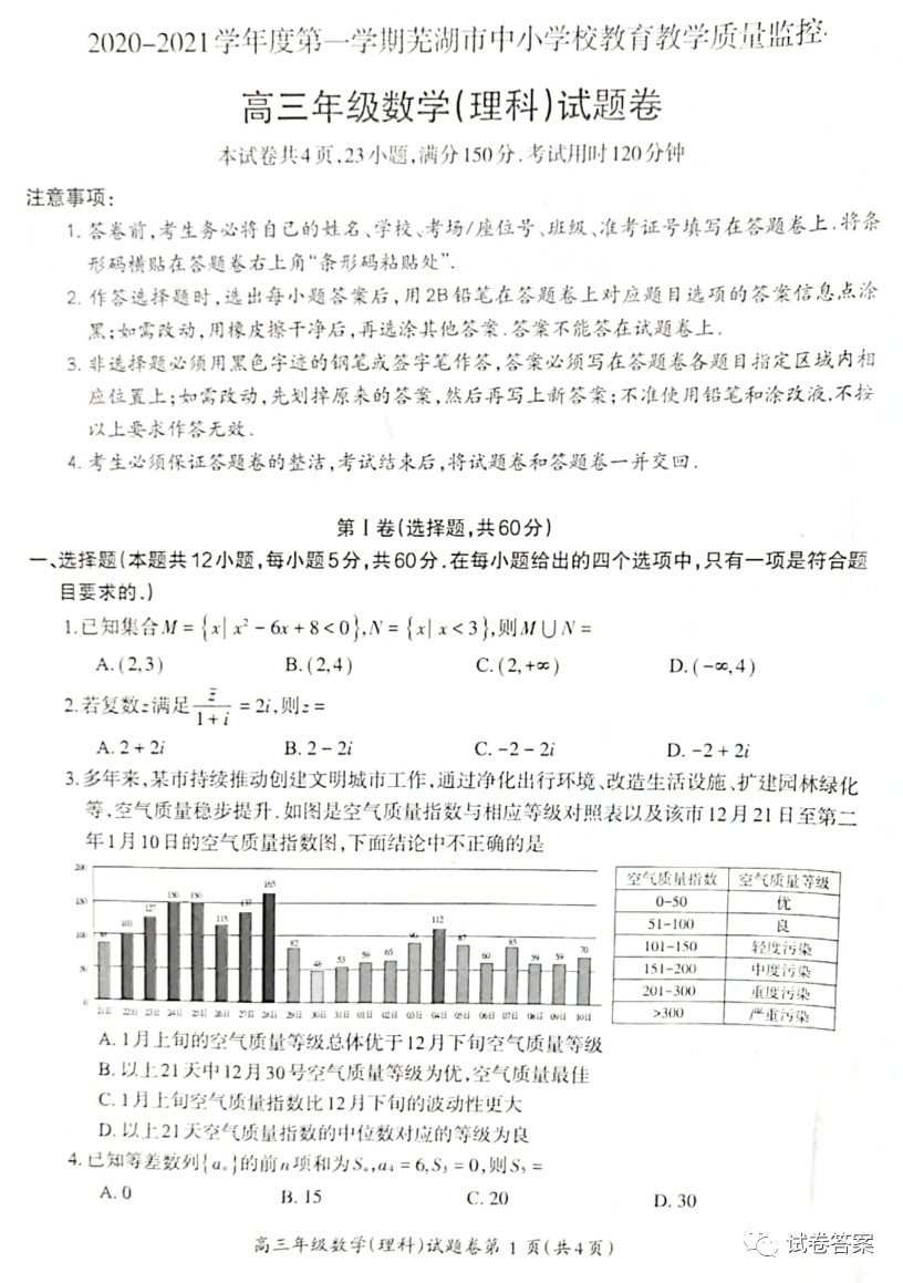 2021蕪湖高三上學期期末質檢理數試題及參考答案