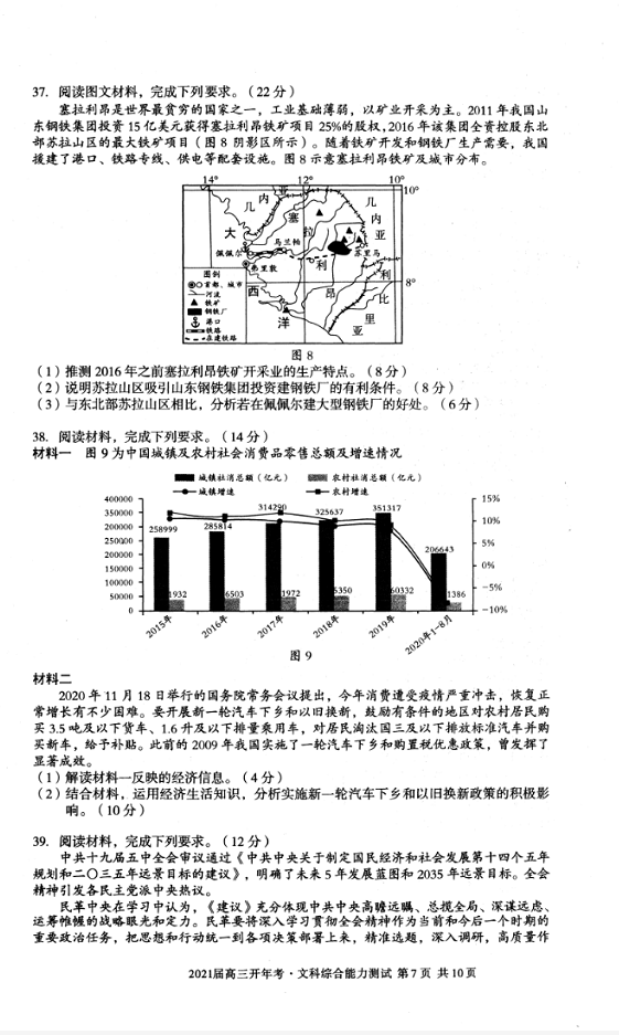 2021安徽A10聯(lián)盟高三開年考文綜試題及參考答案