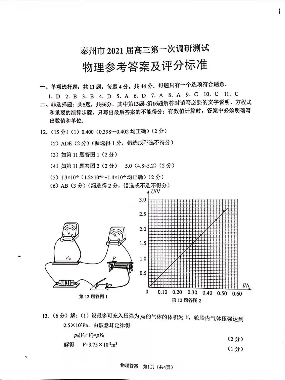 2021南通一模物理試題及參考答案