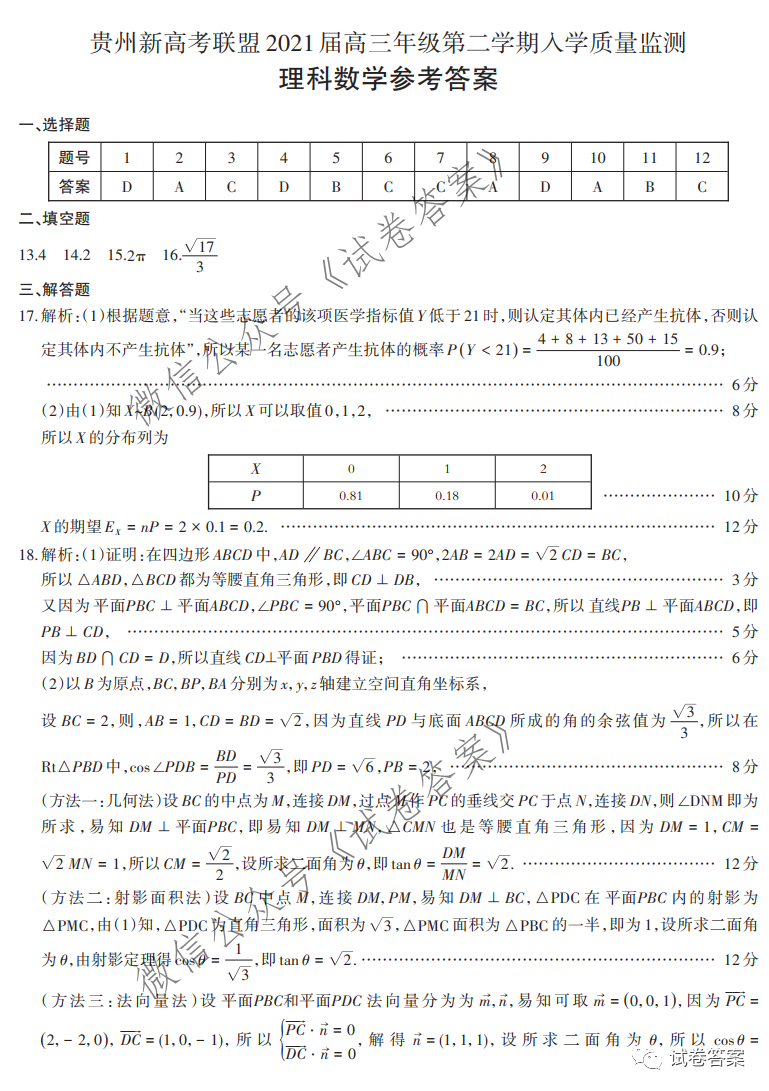 2021貴州新高考聯(lián)盟高三入學(xué)考試?yán)頂?shù)試題及參考答案