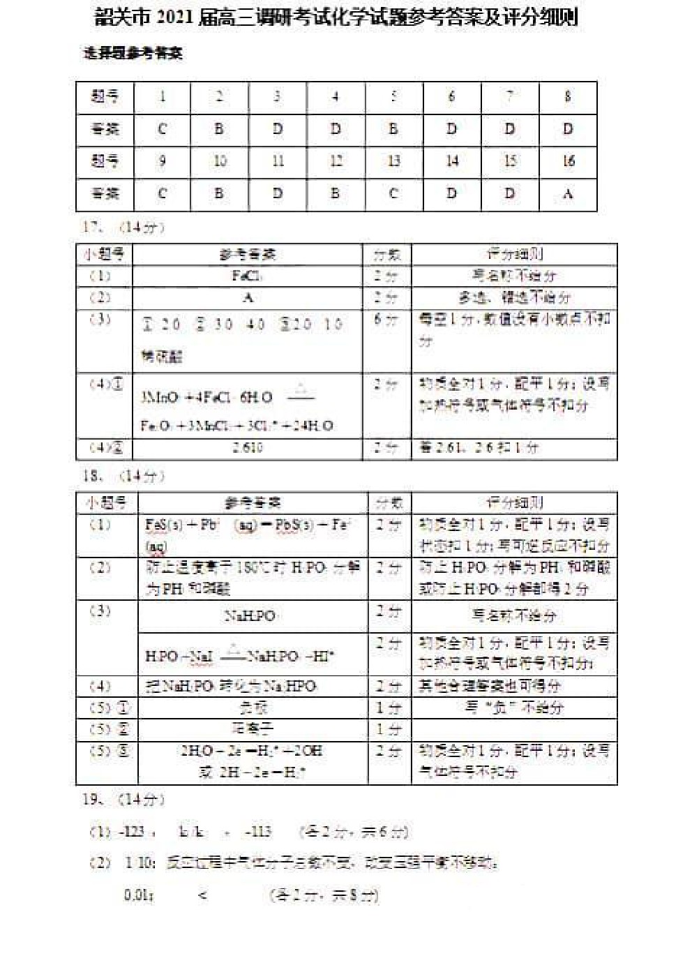 2021韶關(guān)一?；瘜W(xué)試題及參考答案