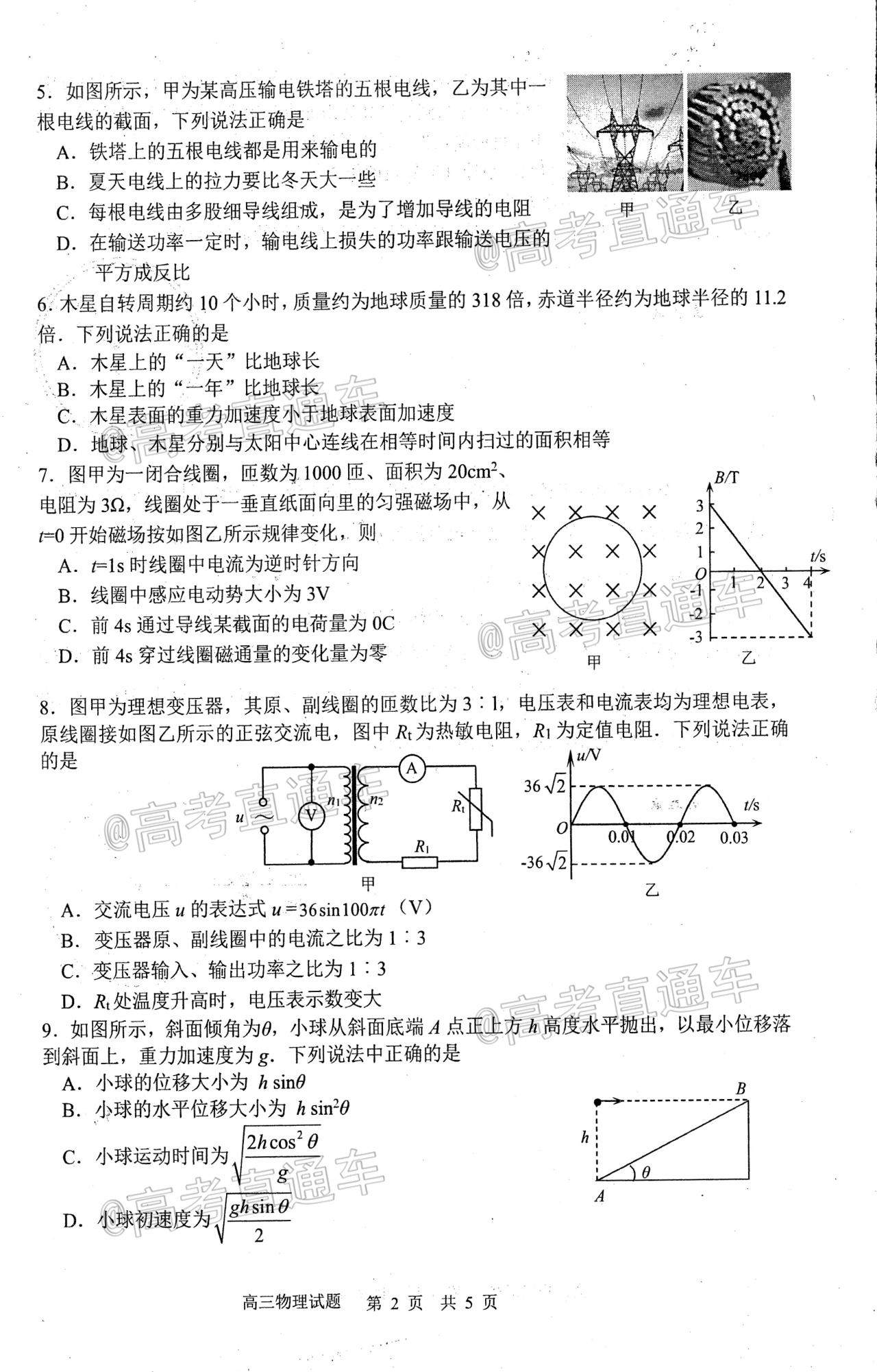 2021連云港一模物理試題及參考答案