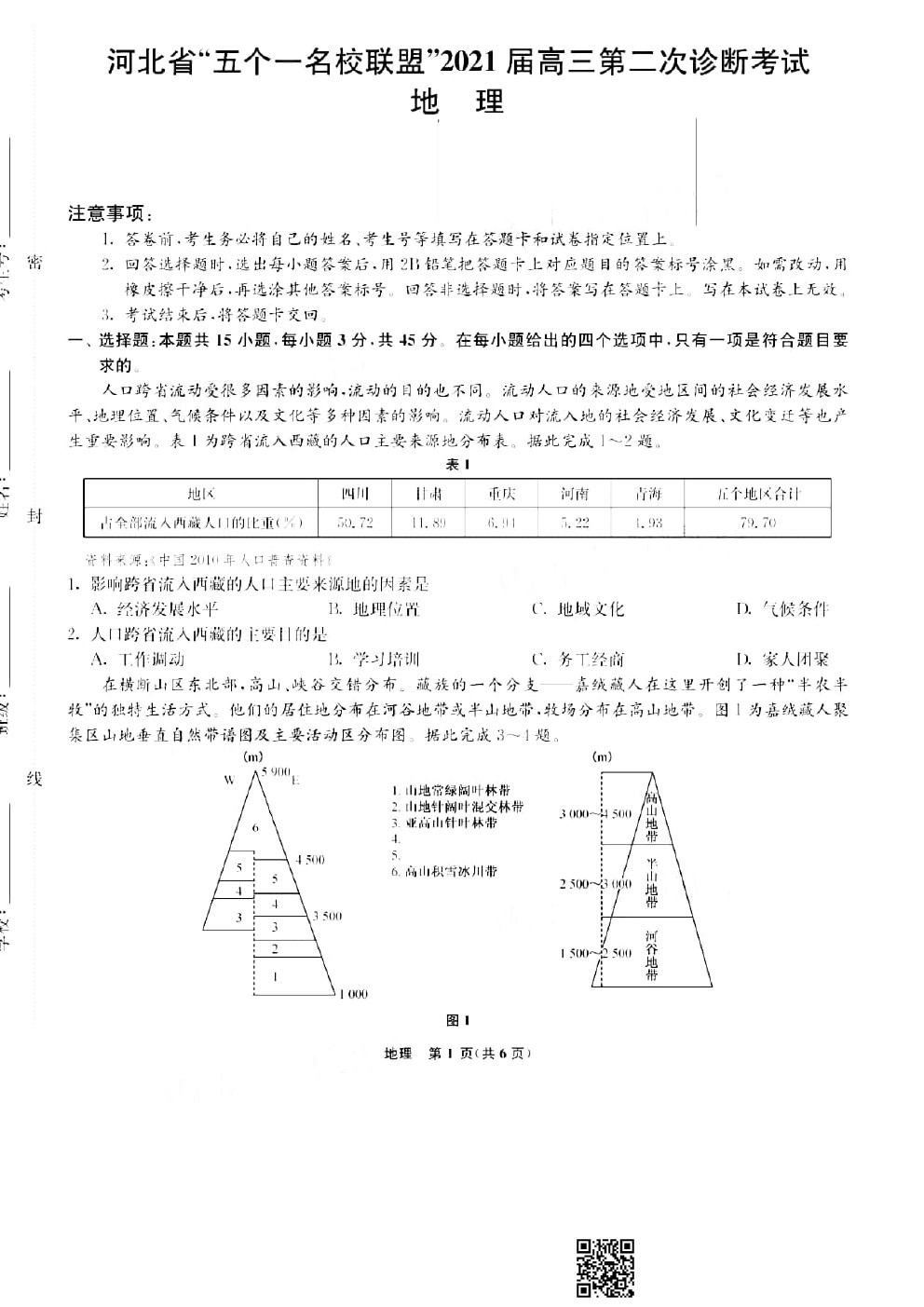 河北省名校2021屆高三下學(xué)期二診地理試卷及答案