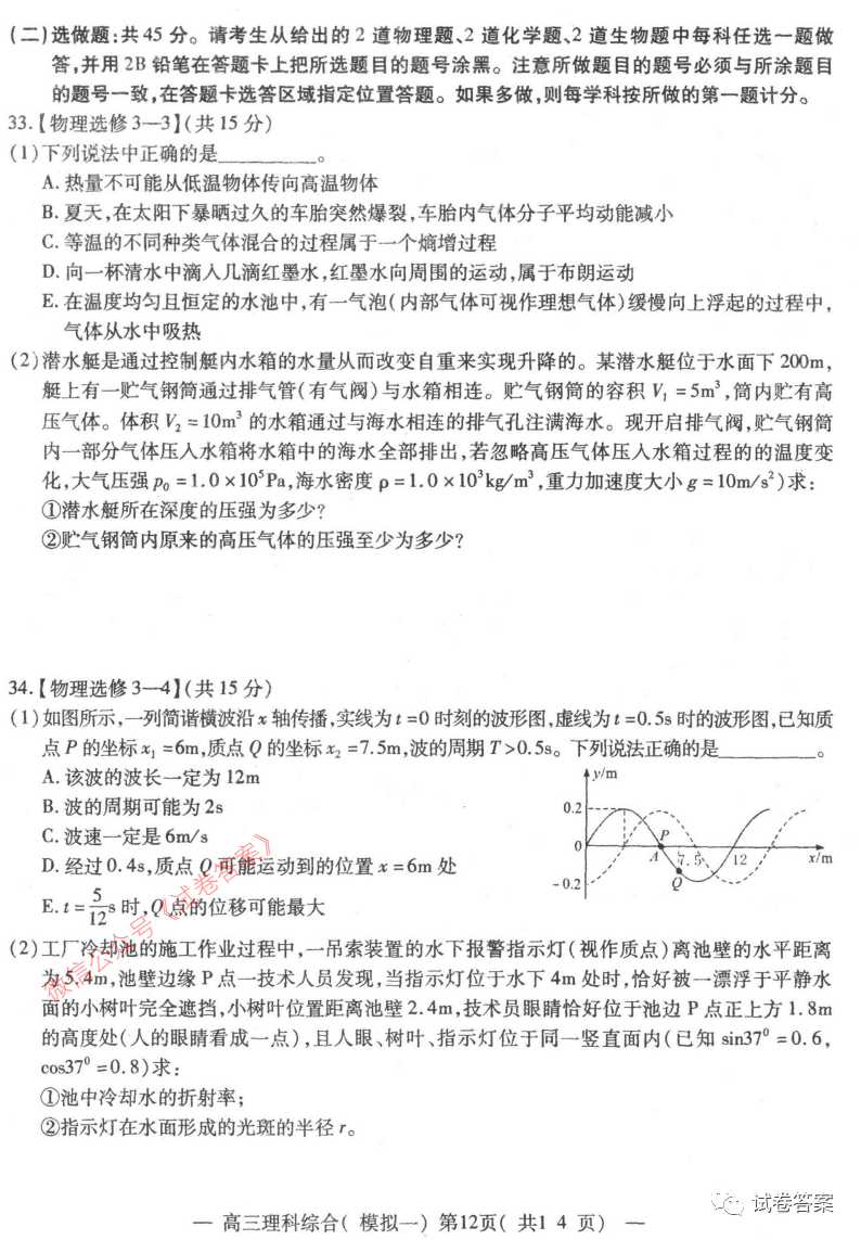 2021南昌一模理綜試題及參考答案