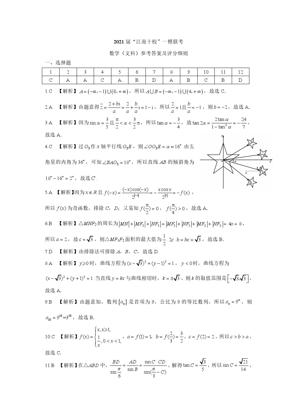 2021江南十校3月聯(lián)考文科數(shù)學(xué)試卷及答案