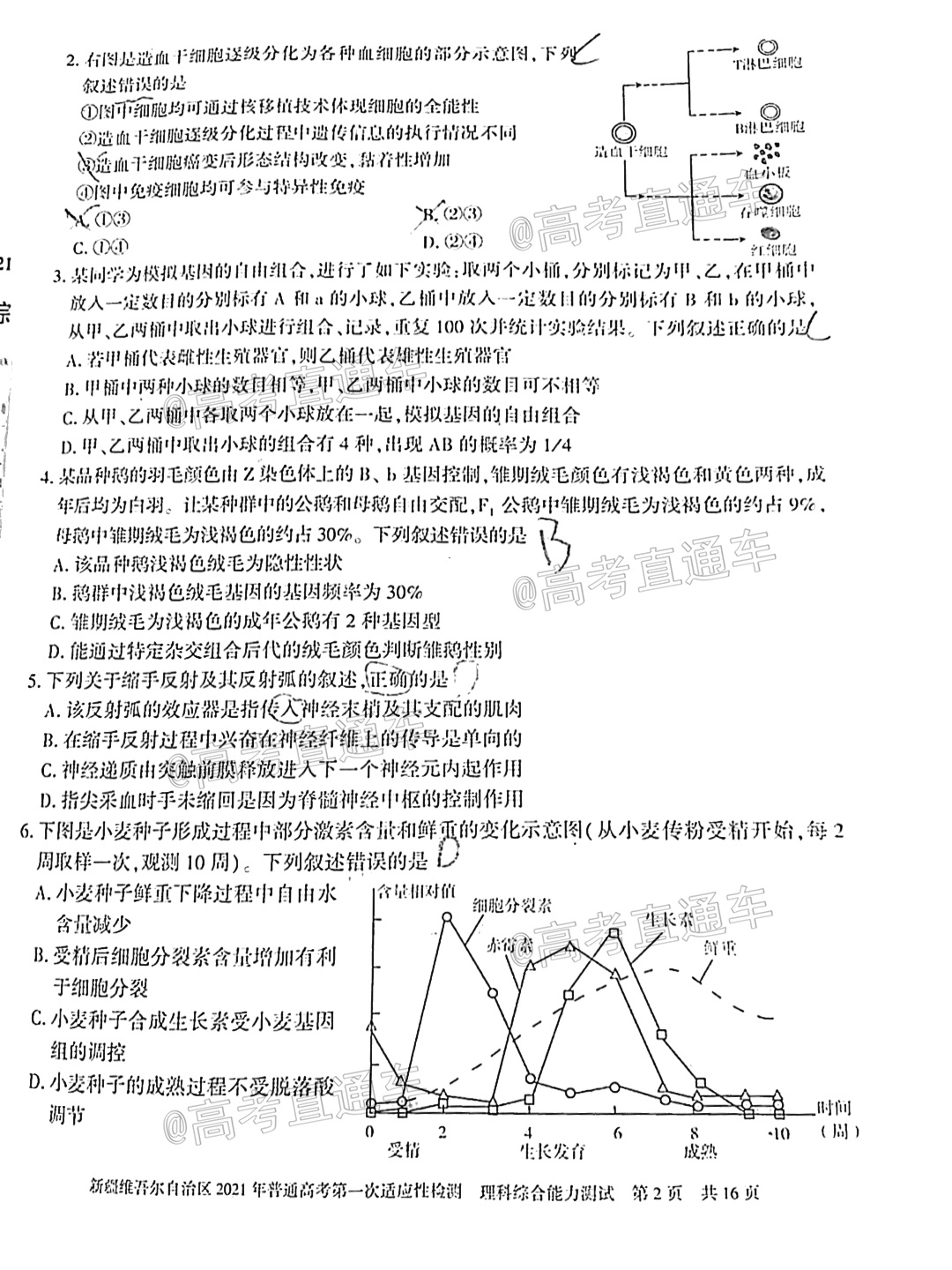 2021新疆維吾爾自治區(qū)第一次適應(yīng)性檢測(cè)理綜試題及參考答案