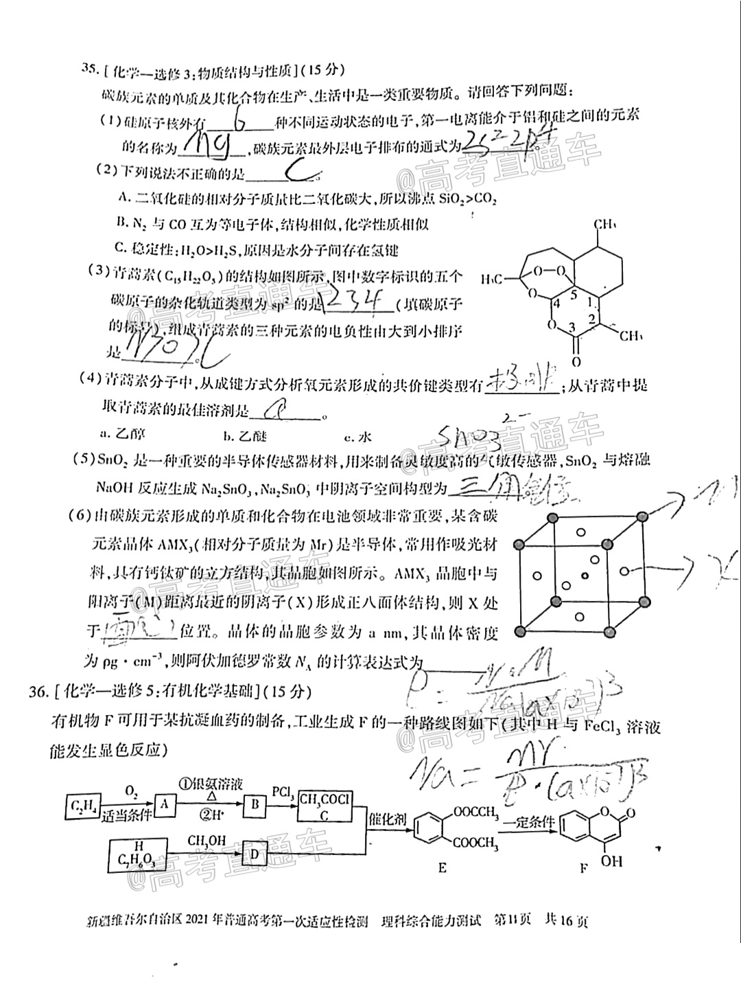 2021新疆維吾爾自治區(qū)第一次適應(yīng)性檢測(cè)理綜試題及參考答案