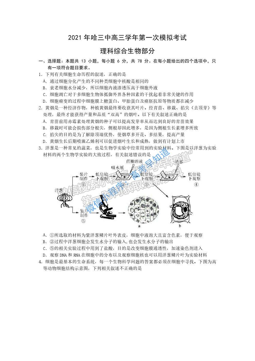 黑龍江省哈爾濱市第三中學(xué)2021屆高三第一次模擬考試?yán)砭C生物試題及參考答案