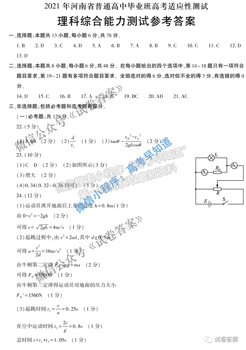 2021河南省高三適應(yīng)性測(cè)試?yán)砜凭C合試題及答案