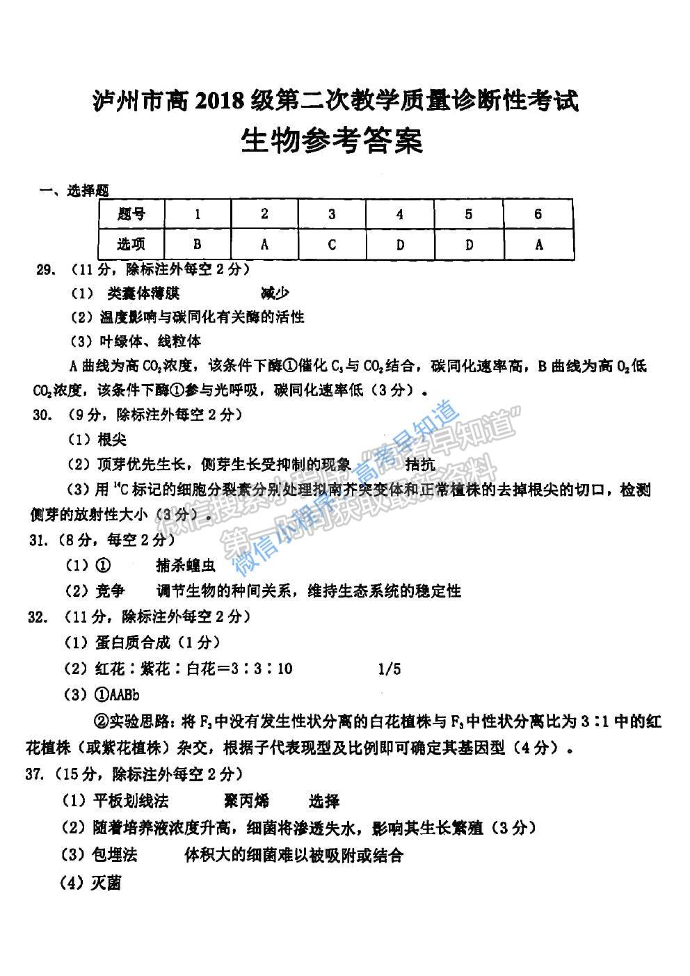 2021瀘州二診理科綜合試題及參考答案