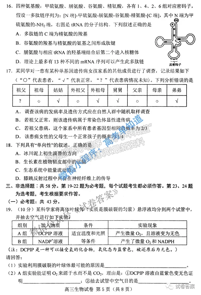 2021唐山一模生物試題及參考答案