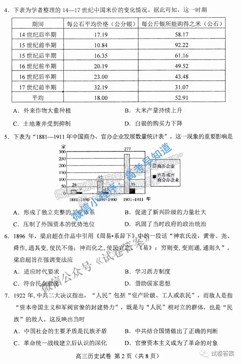 2021唐山一模歷史試題及參考答案