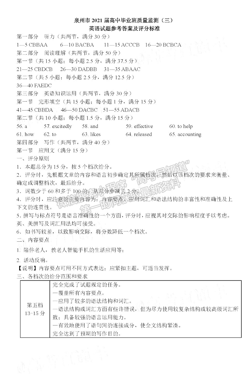 2021泉州市質(zhì)檢高三3月一檢英語試題及答案