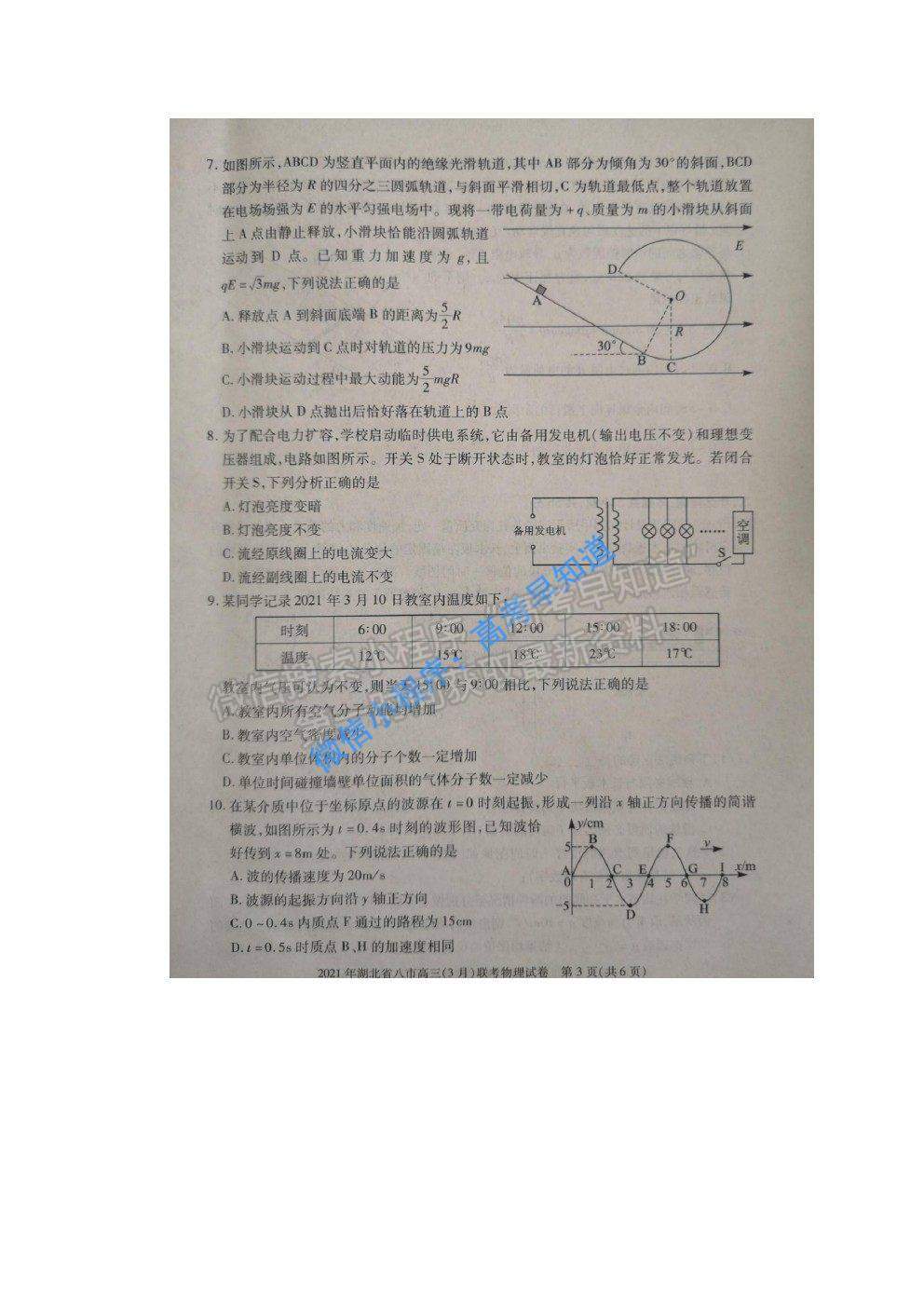 2021湖北八市高三聯(lián)考物理試題及參考答案