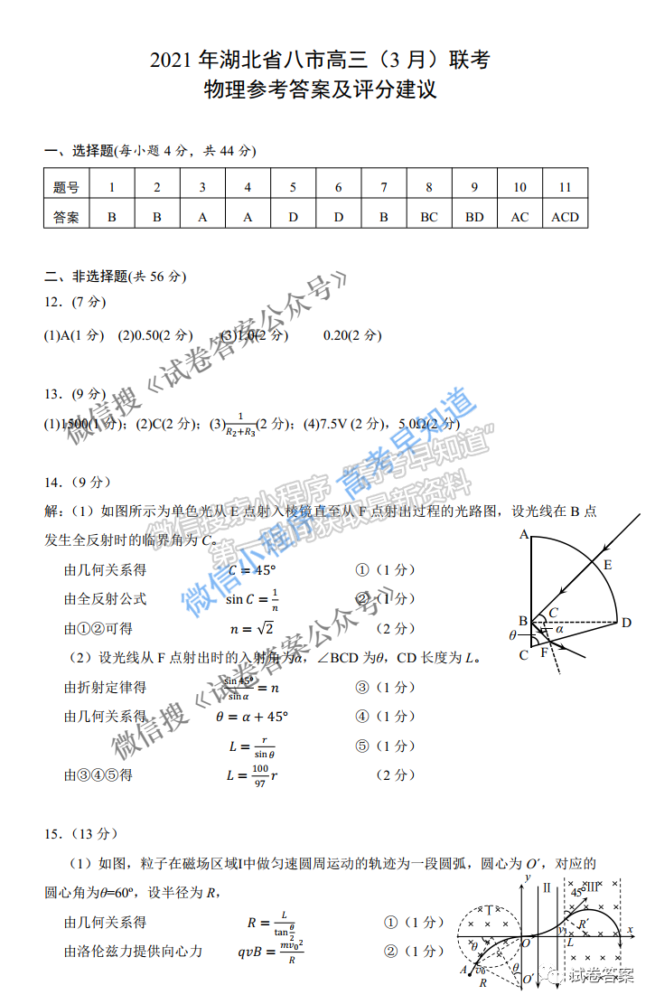 2021湖北八市高三聯(lián)考物理試題及參考答案