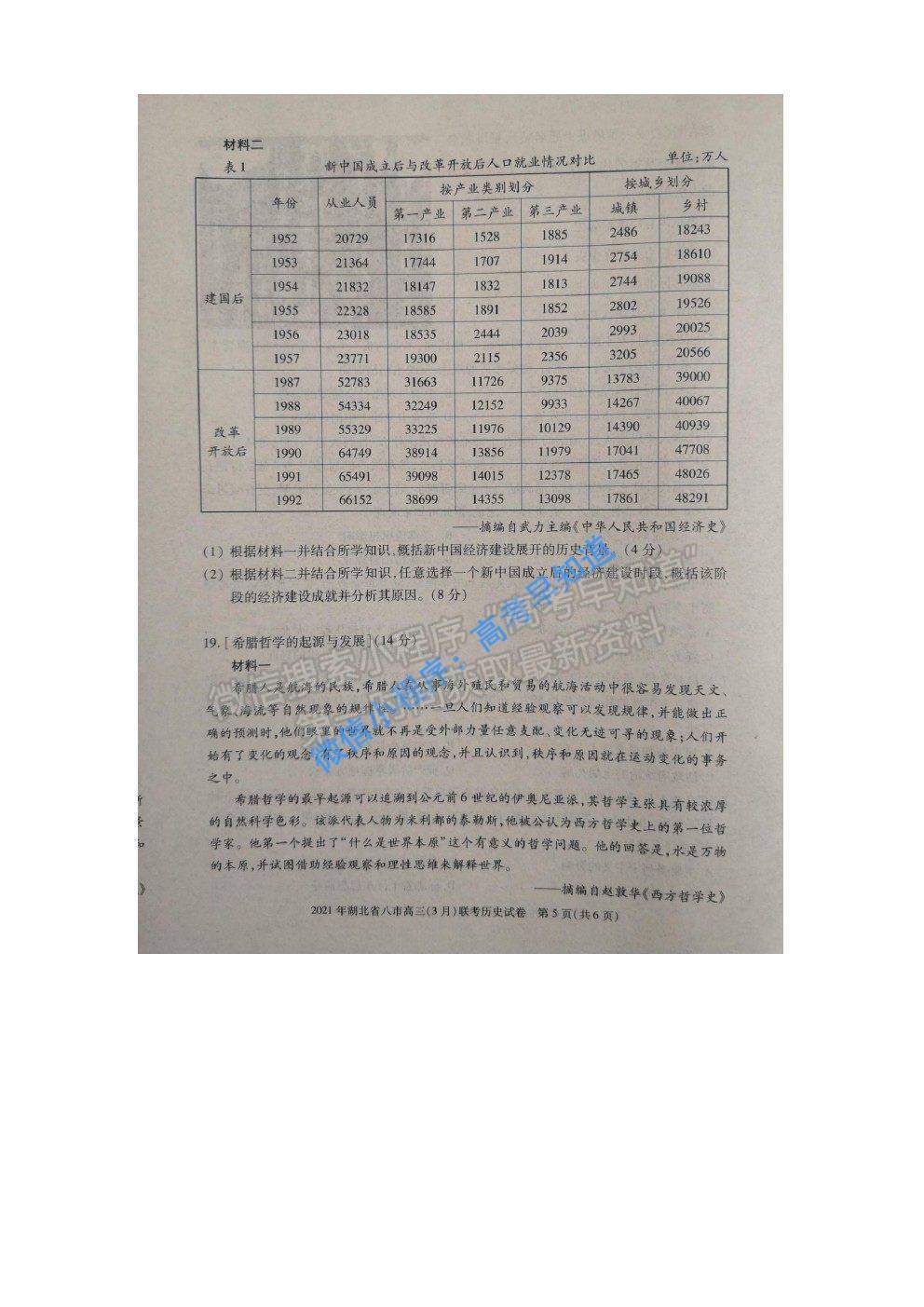 2021湖北八市高三聯(lián)考歷史試題及參考答案