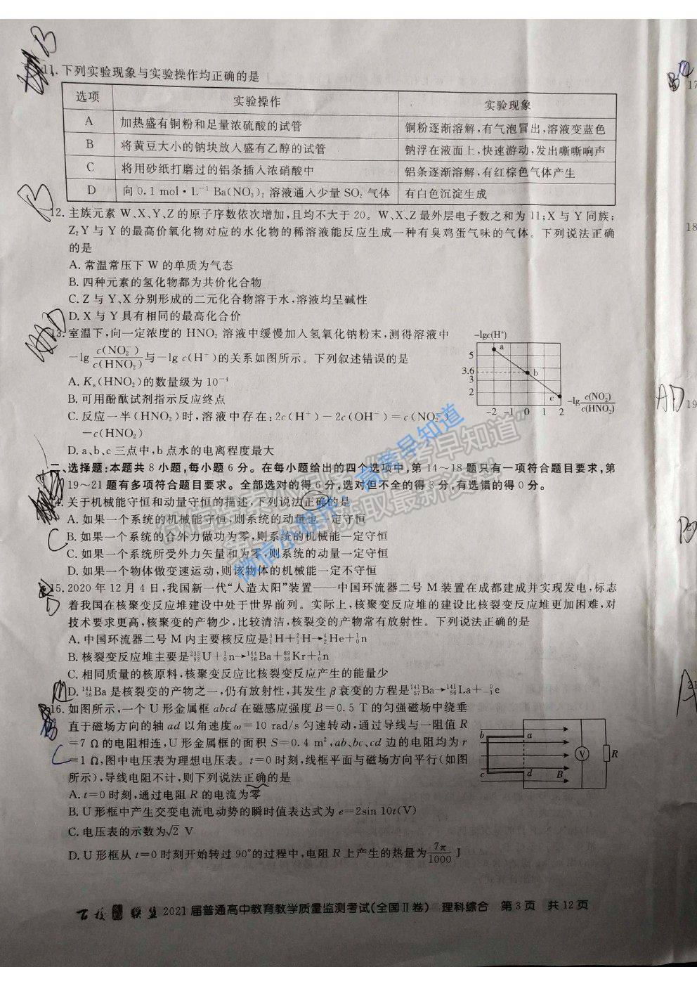 2021百校聯(lián)盟3月聯(lián)考（全國(guó)二卷）理科綜合試題及參考答案