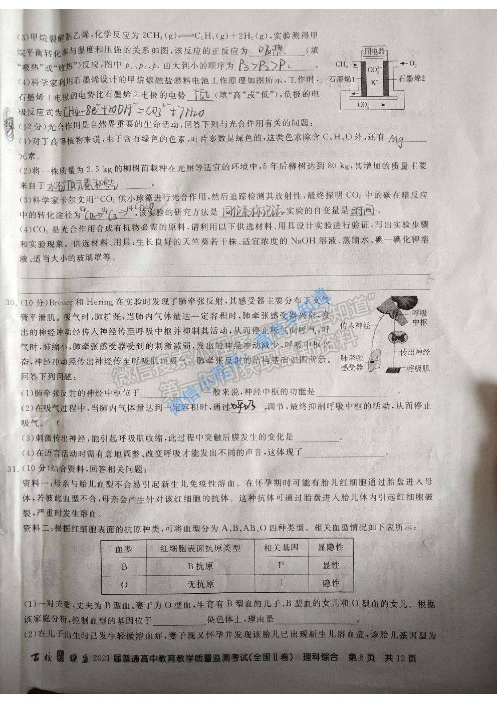 2021百校聯盟3月聯考（全國二卷）理科綜合試題及參考答案