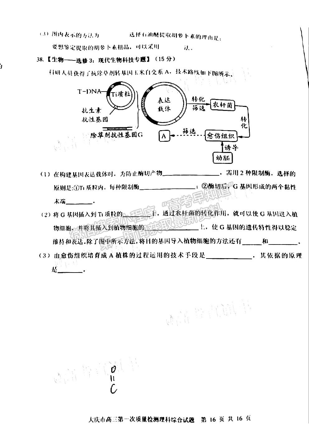 2021大慶一模理科綜合試題及參考答案