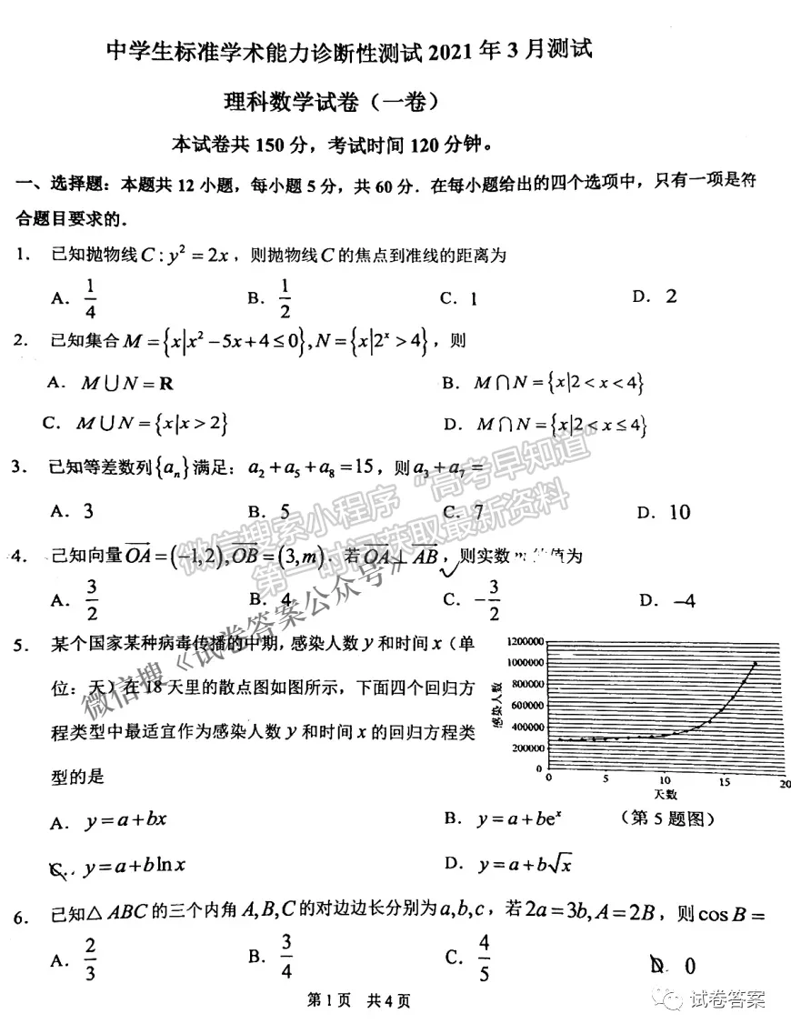 2021年中學生標準學術能力診斷性測試3月測試理科數學試題及答案