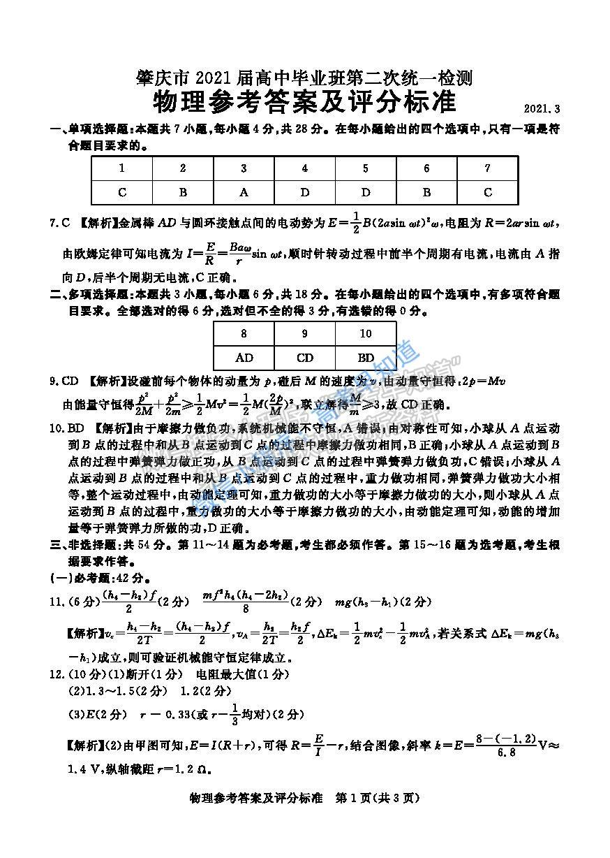 2021肇慶二模物理試題及參考答案