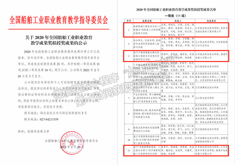 江苏航运职业技术学院三项教学成果喜获全国船舶行指委教学成果一等奖