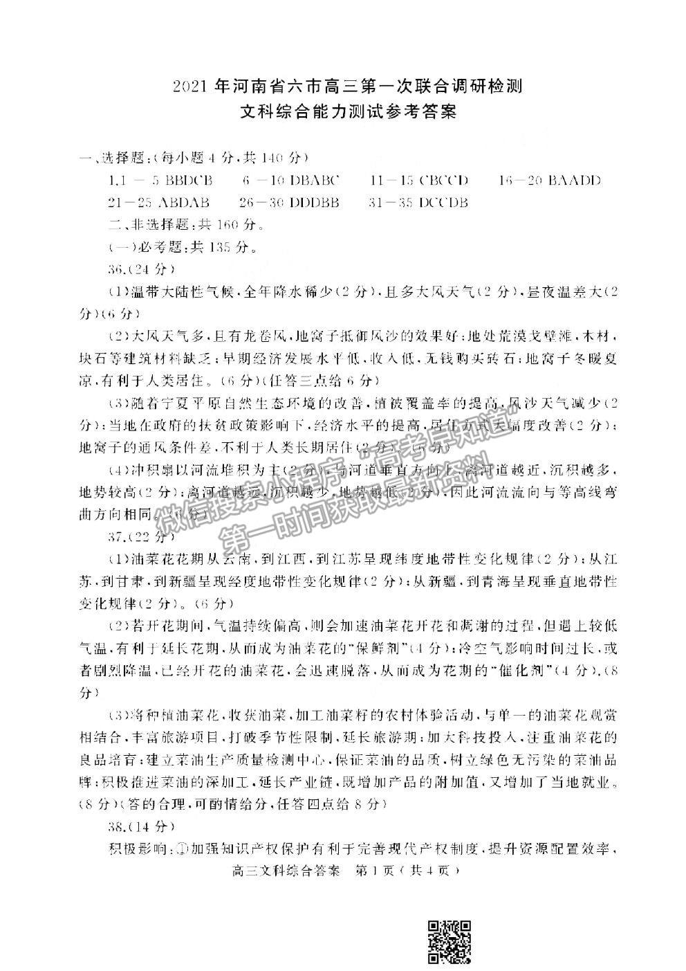 2021河南六市高三第一次聯(lián)考一模文科綜合試題及參考答案