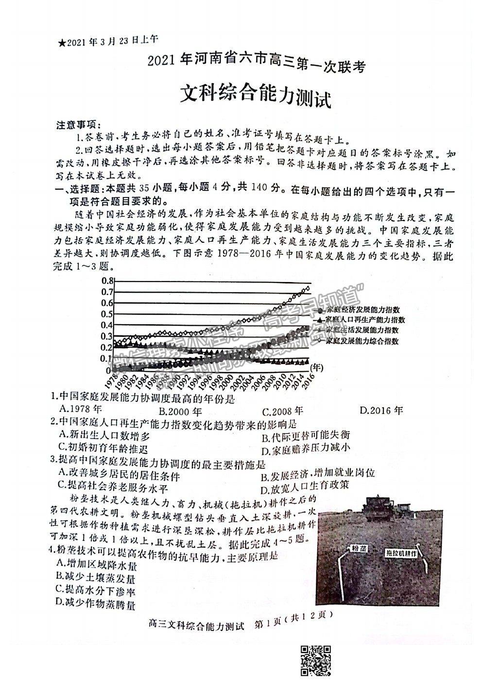 2021河南六市高三第一次聯(lián)考一模文科綜合試題及參考答案