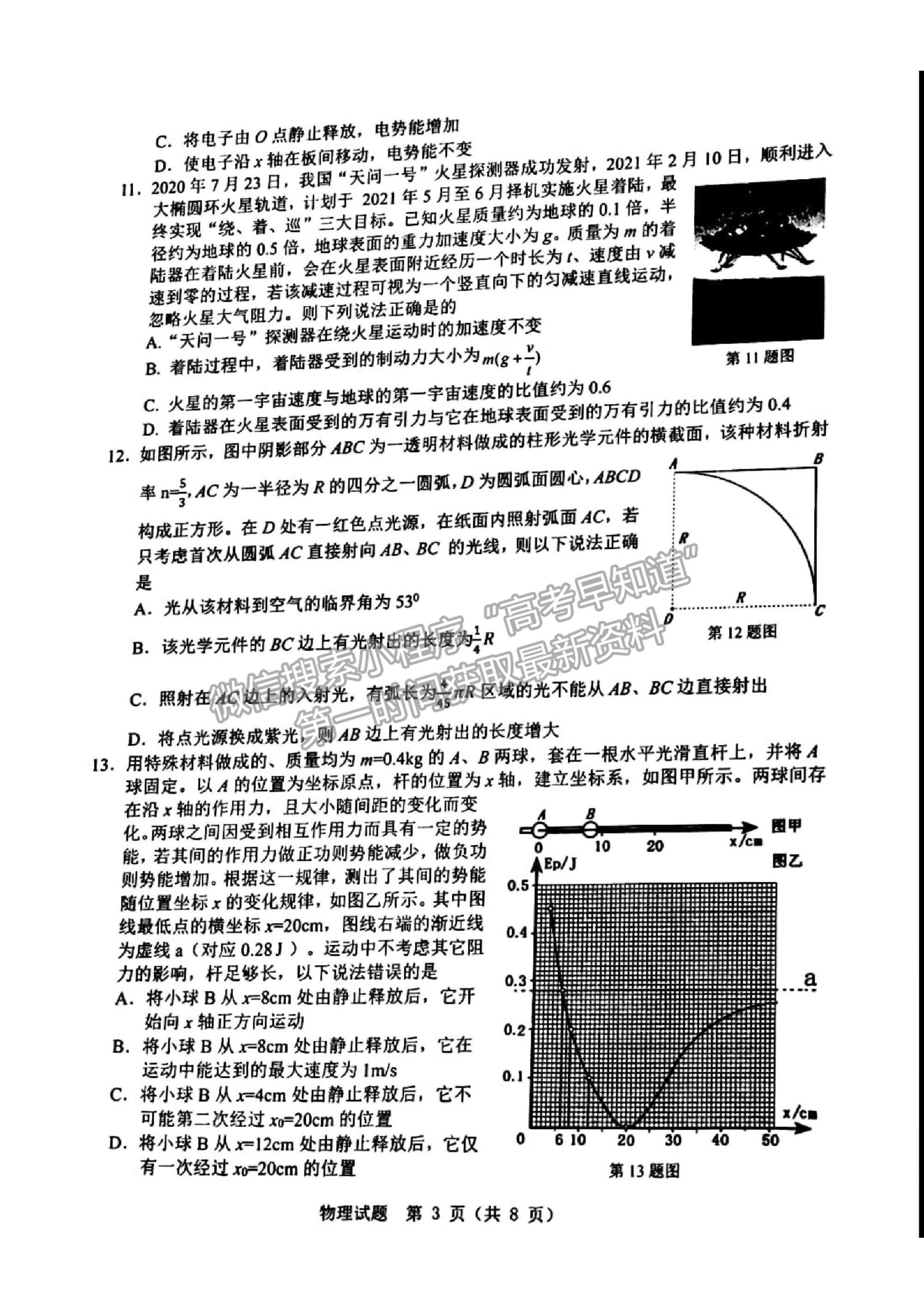 2021溫州二模3月高考適應性測試物理試題及參考答案