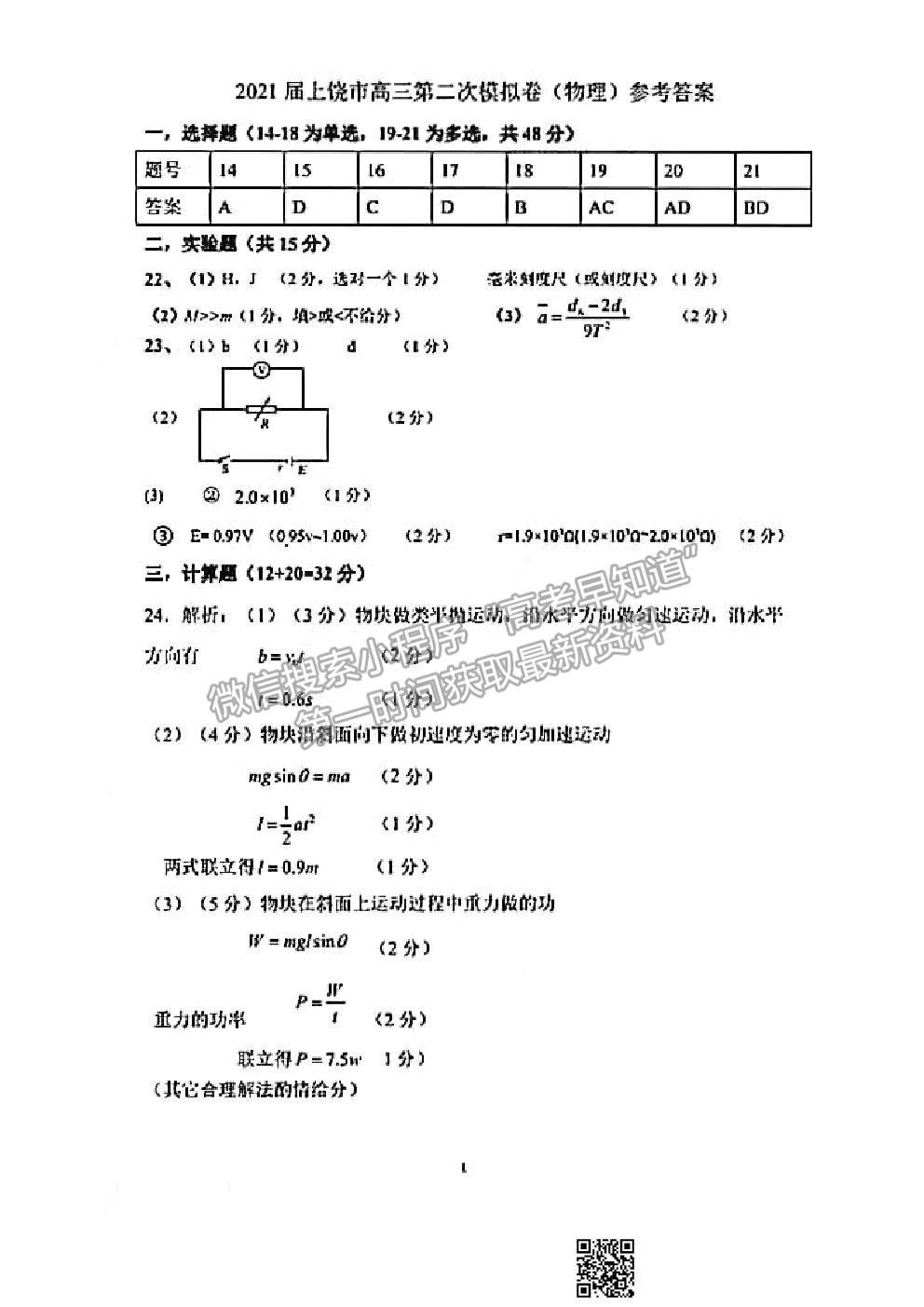 2021上饒二模理科綜合試題及參考答案