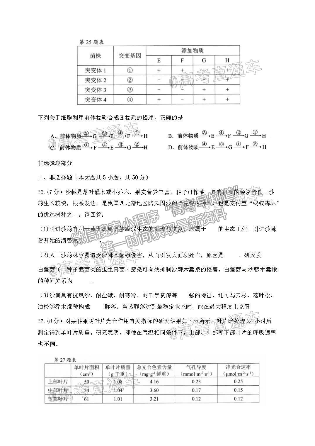 2021溫州二模生物試題及參考答案