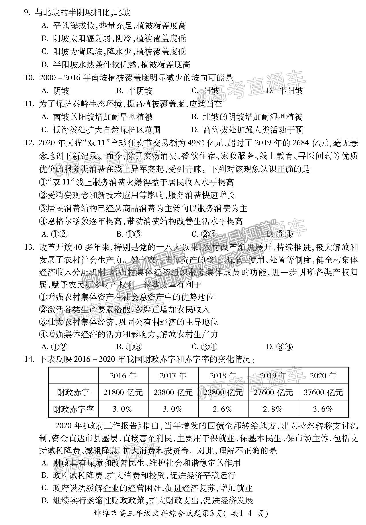 2021蚌埠高三第三次教學質量檢查考試文科綜合試題及參考答案