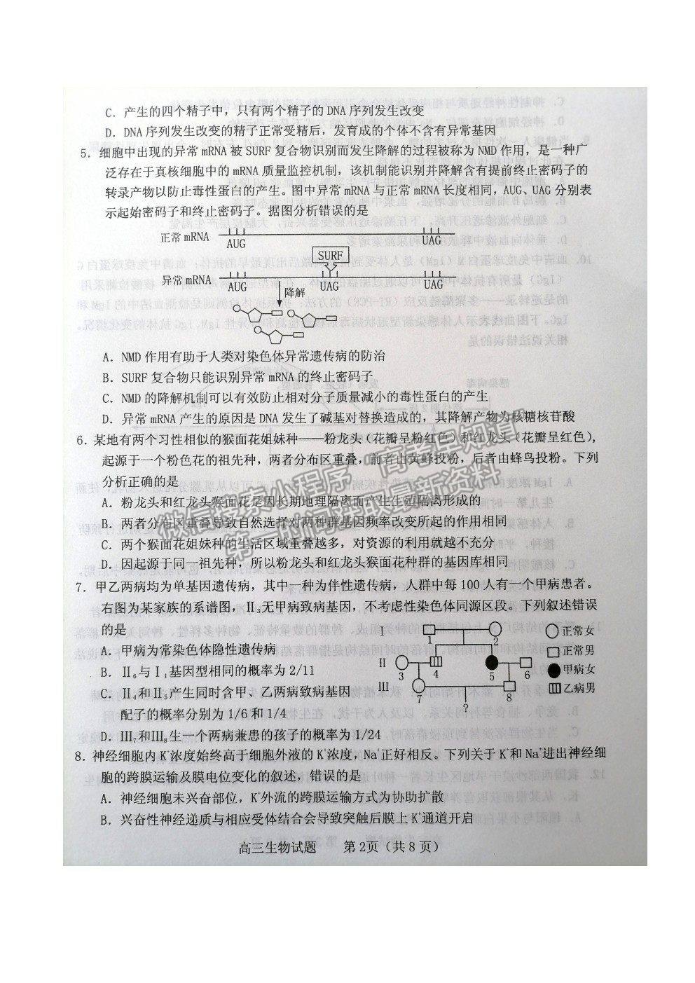 山東省煙臺市2021屆高三下學(xué)期3月高考診斷性測試生物試卷及答案