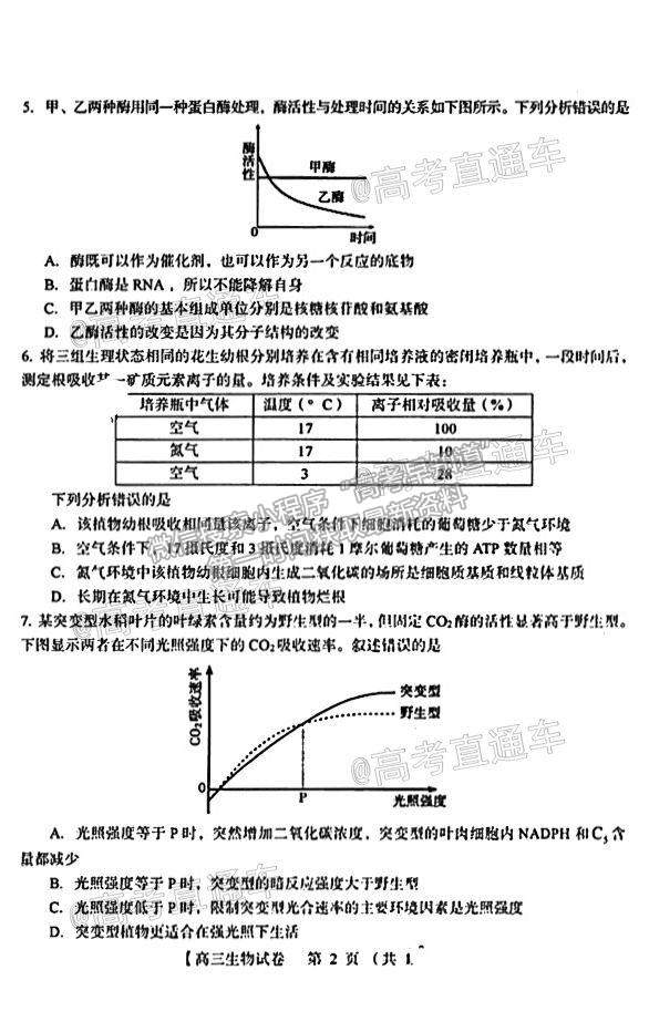 2021河南三門峽高三一練生物試題及參考答案