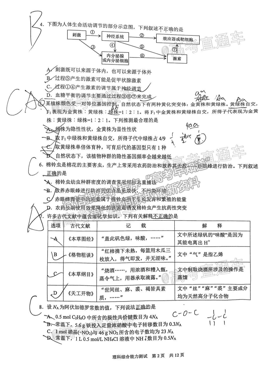 2021馬鞍山二模理科綜合試卷及參考答案