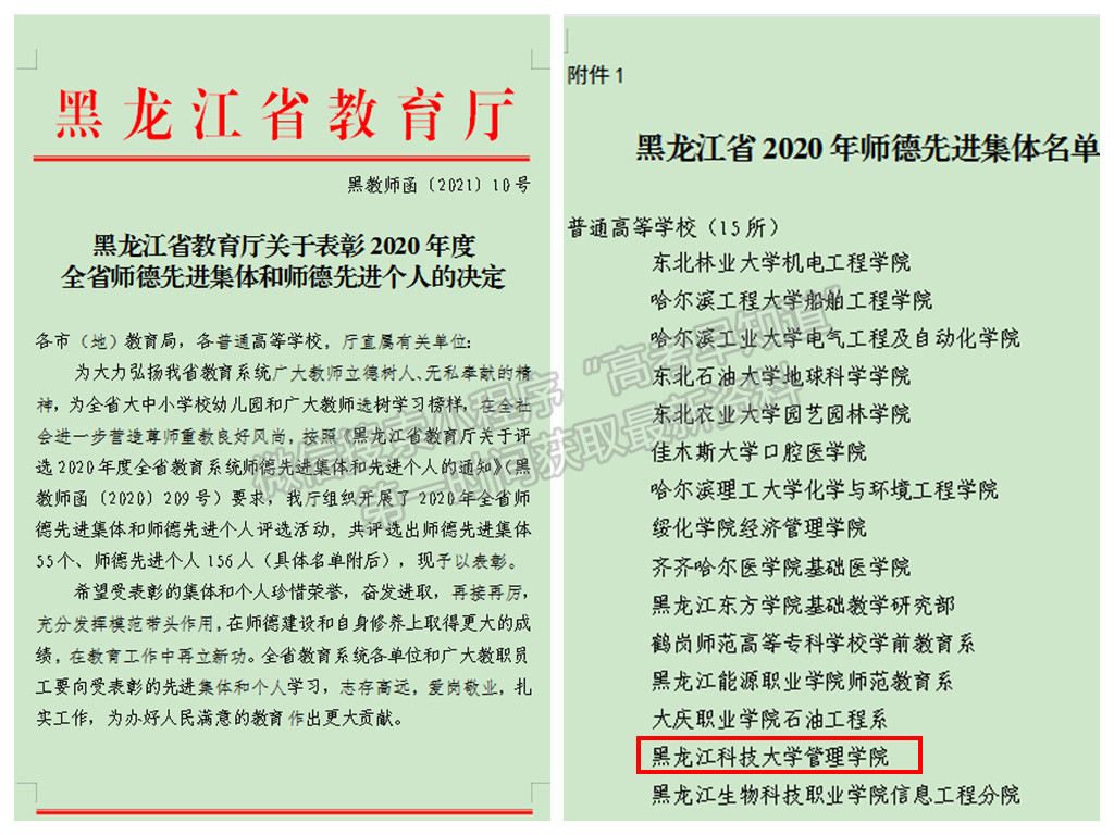 黑龙江科技大学荣获2020年度全省教育系统师德先进集体和先进个人荣誉称号