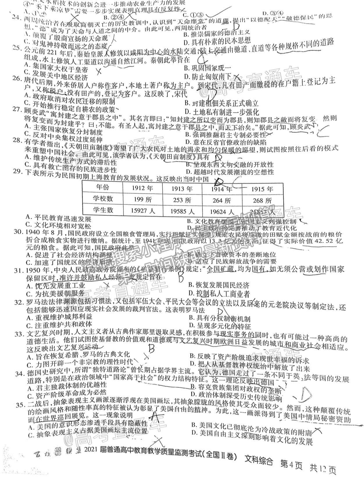 2021百校聯(lián)盟4月聯(lián)考（全國二卷）文綜試題及參考答案