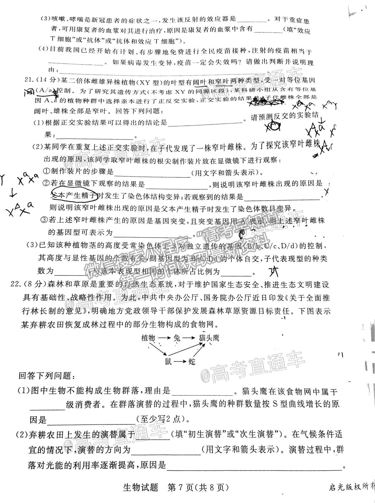 2021滄州一模生物試題及參考答案