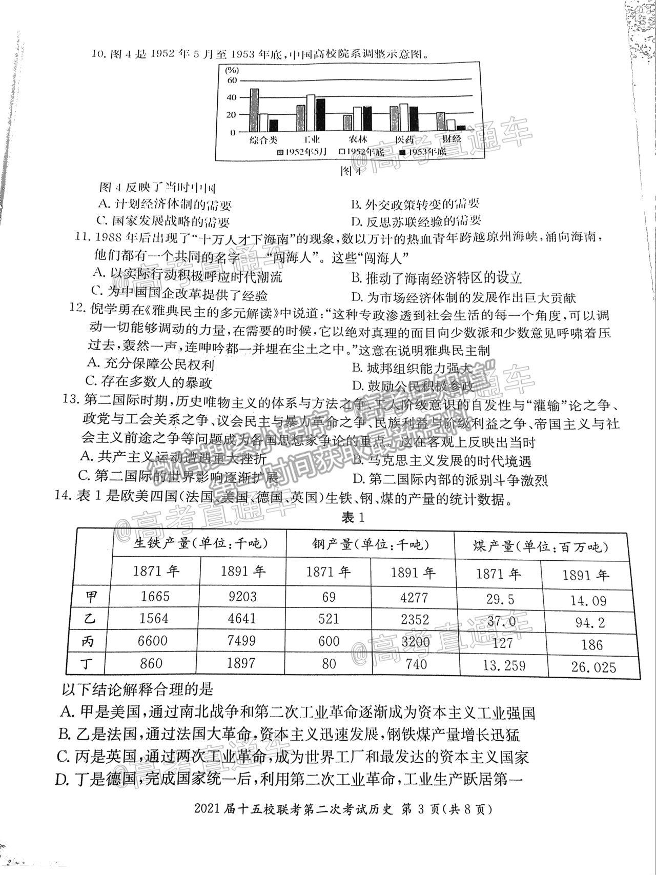 2021湖南長郡十五校高三第二次聯(lián)考?xì)v史試題及參考答案