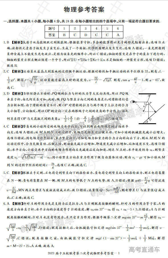 2021湖南長郡十五校高三第二次聯(lián)考物理試題及參考答案