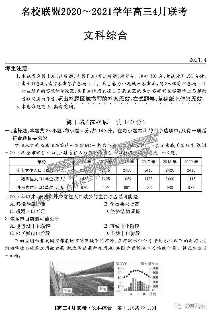 2021名校聯(lián)盟高三4月聯(lián)考文綜試題及參考答案