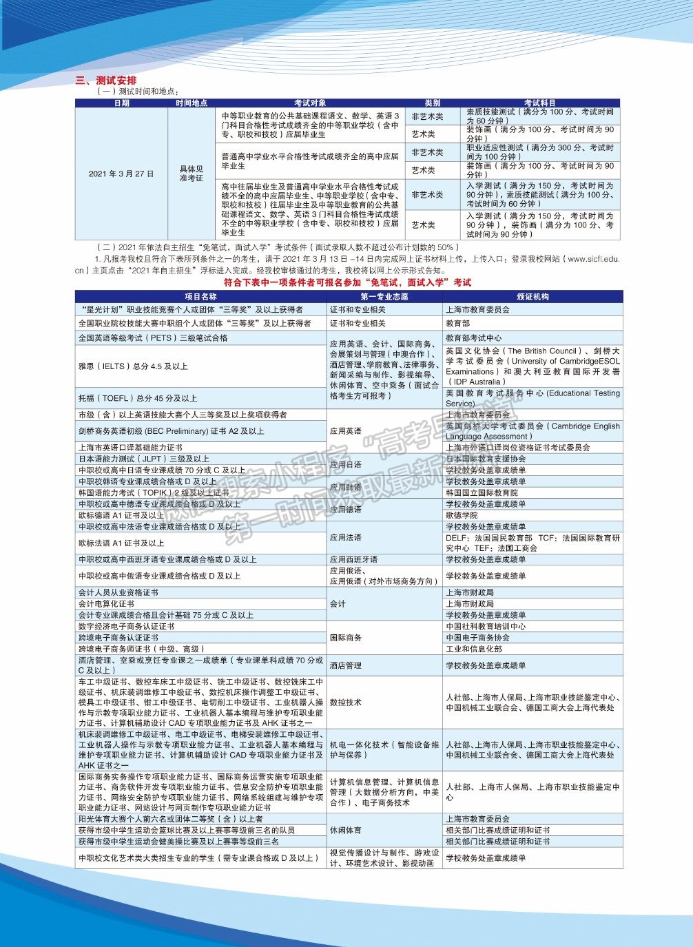 上海市工商外国语职业学院2021年专科层次依法自主招生简章