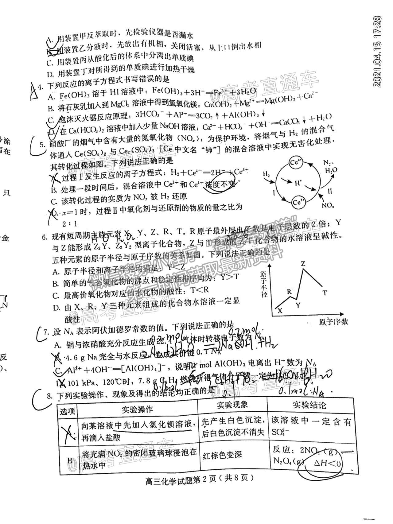 2021保定二?；瘜W試題及參考答案